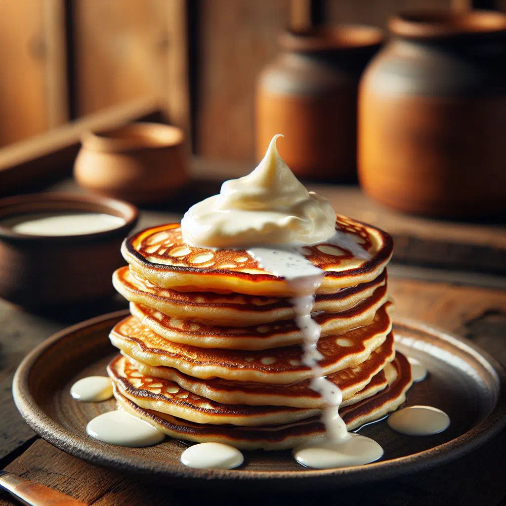 Thin Icelandic pancakes stacked on a plate with sweet whipped cream and berries