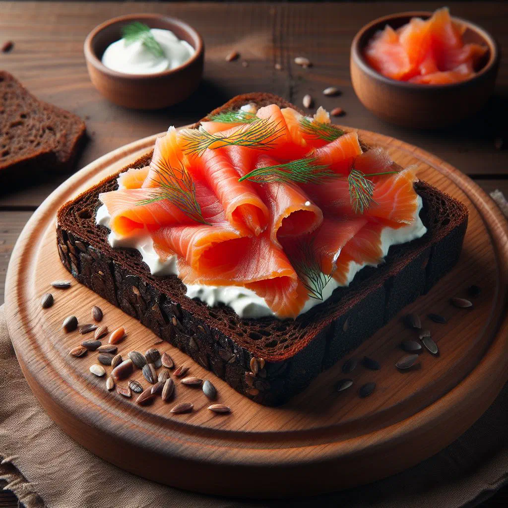 Slices of dark Icelandic rye bread topped with smoked salmon and fresh dill