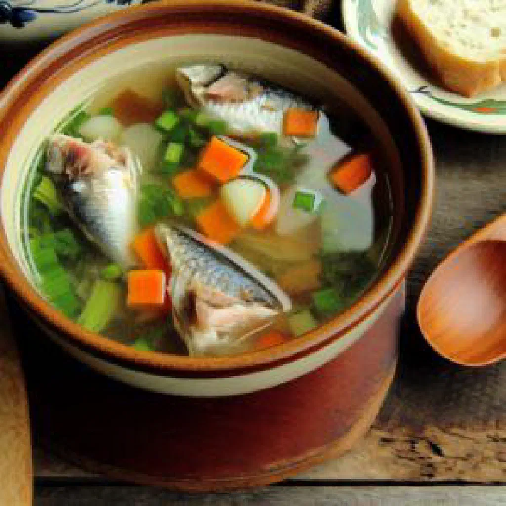 Bowl of Icelandic fermented fish soup garnished with fresh dill