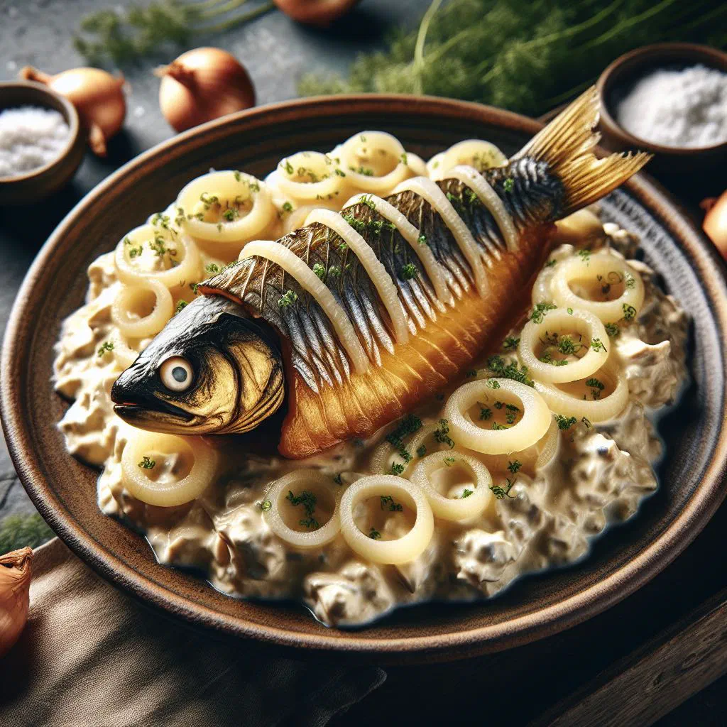 Salt cod fillets in a creamy onion sauce garnished with fresh dill