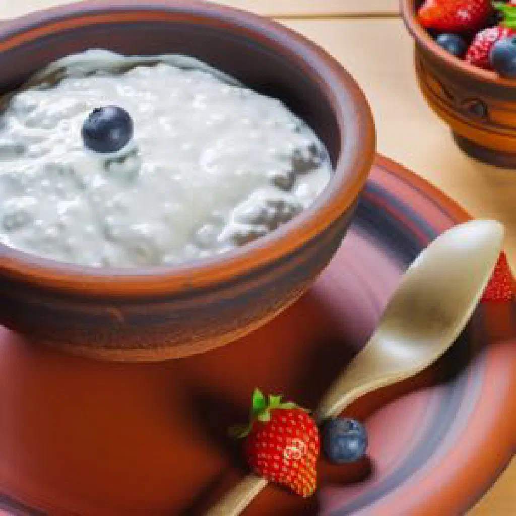Bowl of creamy Icelandic skyr topped with fresh berries and honey