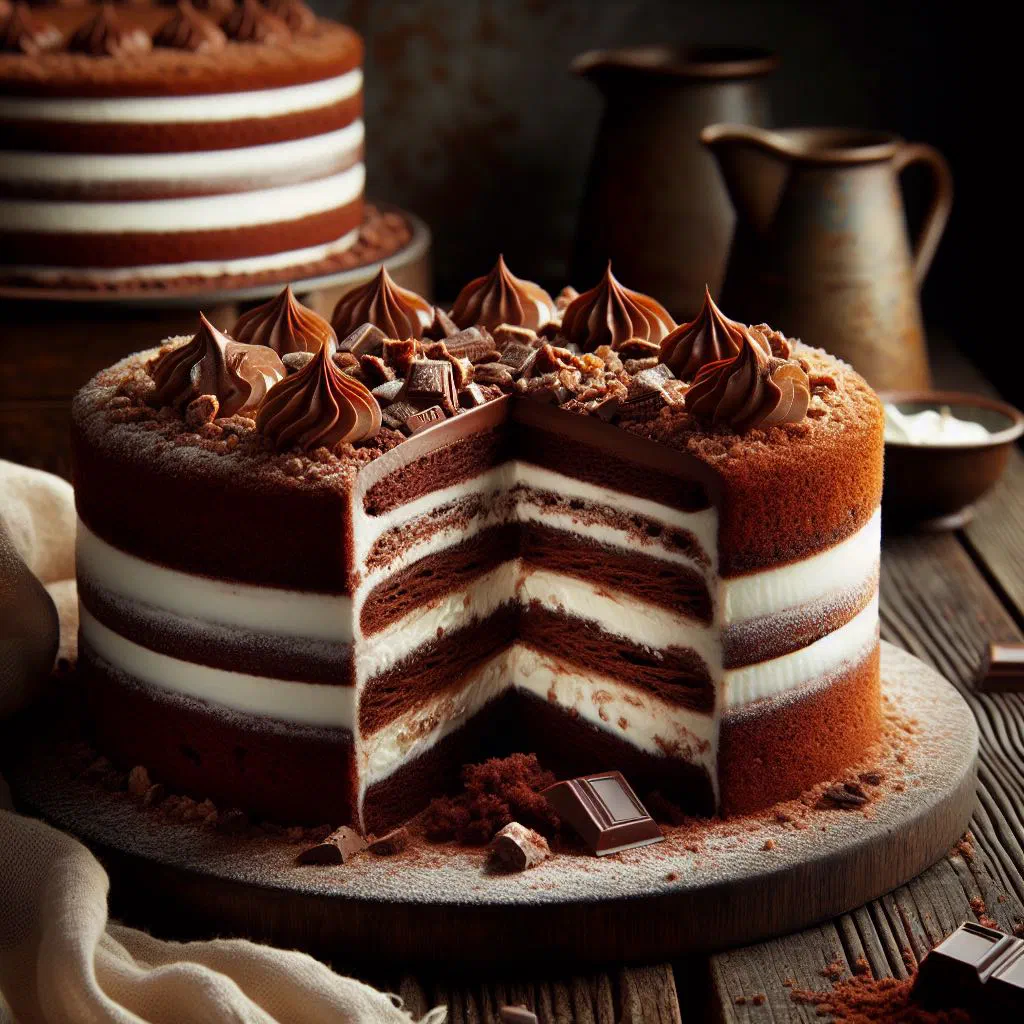 Slice of Icelandic chocolate cake topped with softly whipped cream