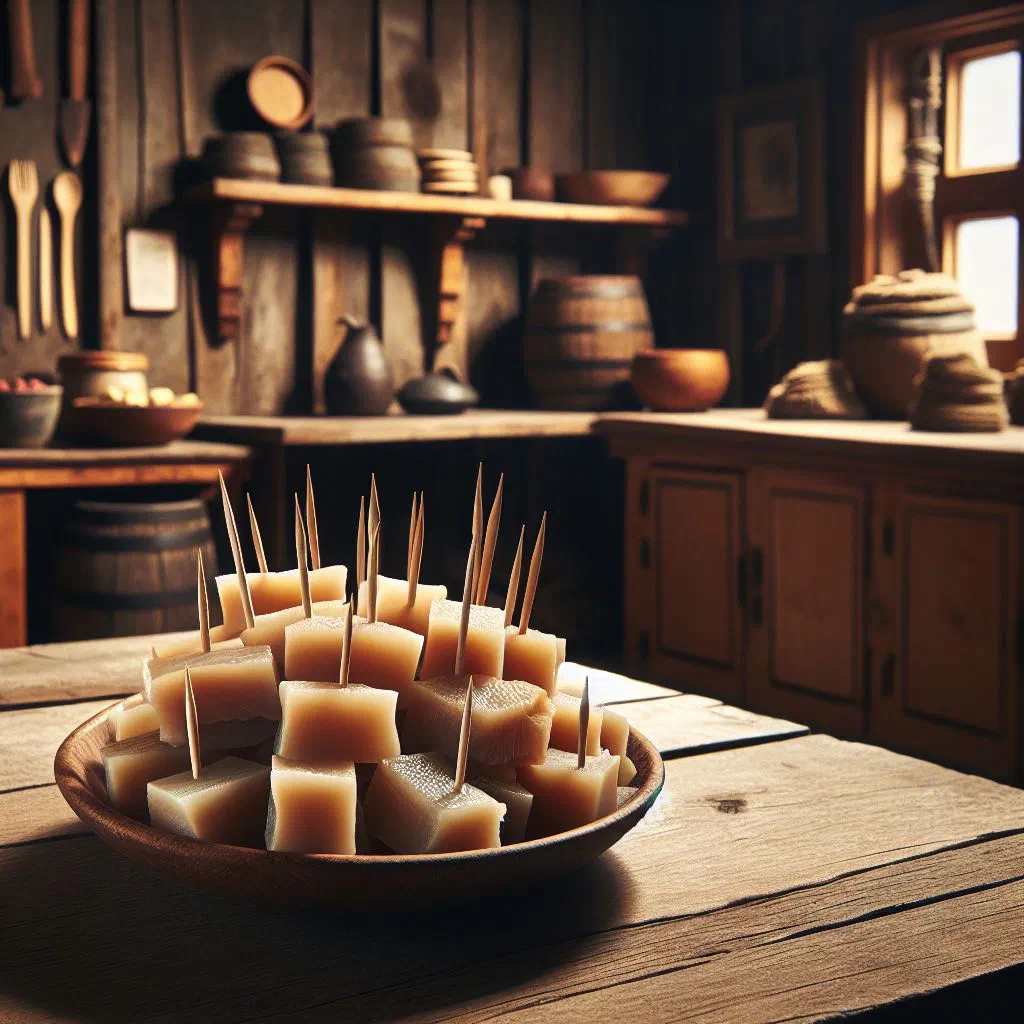 Cubes of fermented Icelandic shark served on a wooden board with rye bread