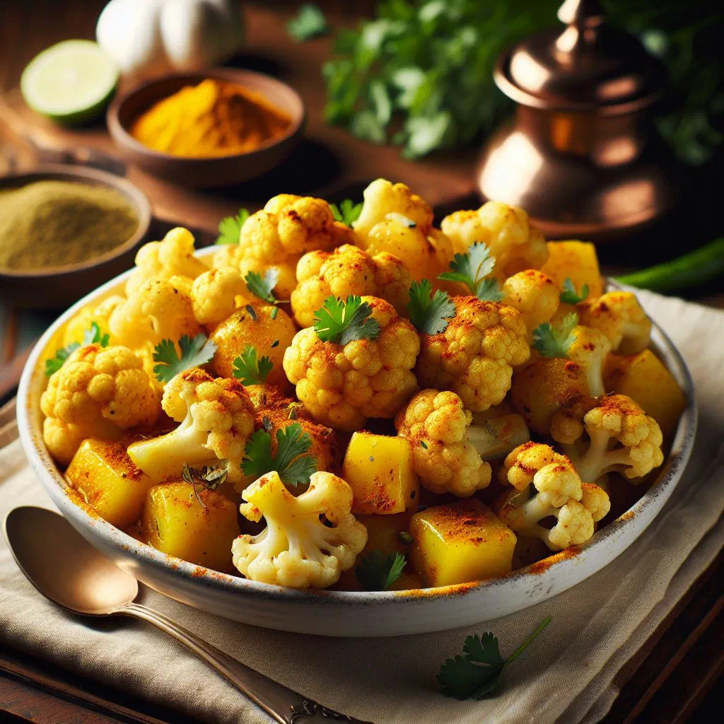 Aloo gobi with potatoes and cauliflower garnished with fresh coriander