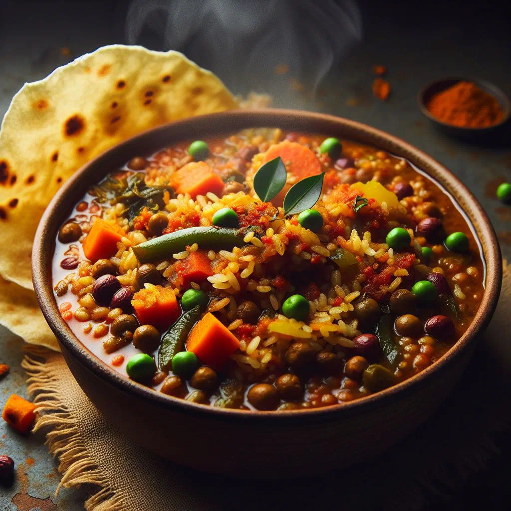 A steaming bowl of bisi bele bath garnished with fresh coriander and cashews