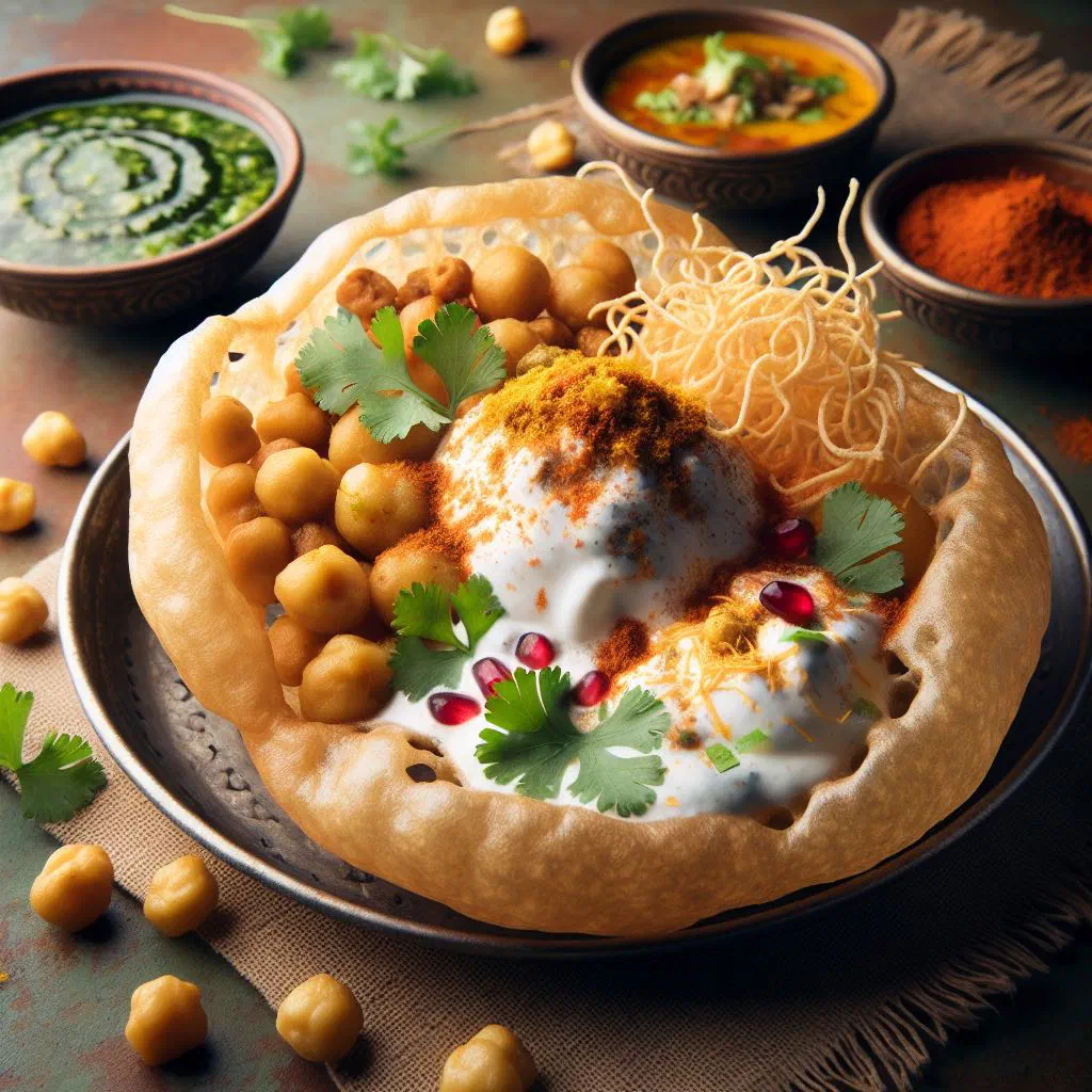 Dahi puri topped with creamy yoghurt, chutney and fresh coriander