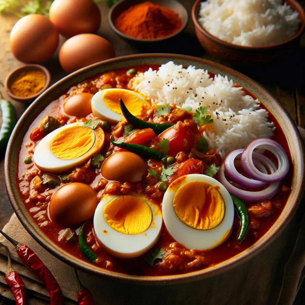 Indian egg curry with halved boiled eggs in a spiced tomato and onion sauce