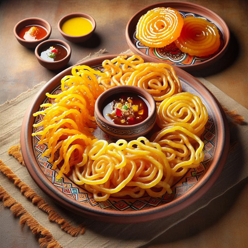 Crispy fafda strips served with bright orange spiral jalebi