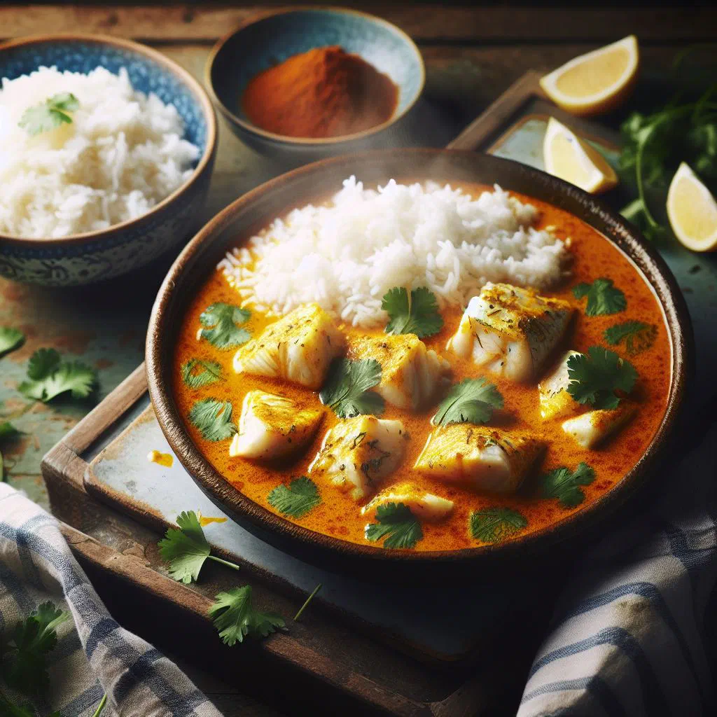 Fish curry in coconut sauce garnished with fresh coriander