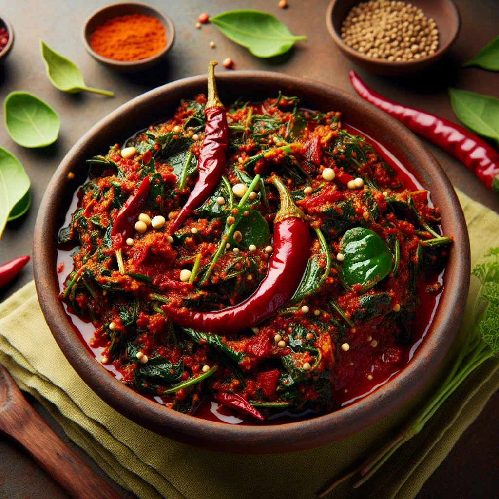 Gongura pachadi chutney in a bowl garnished with fresh herbs