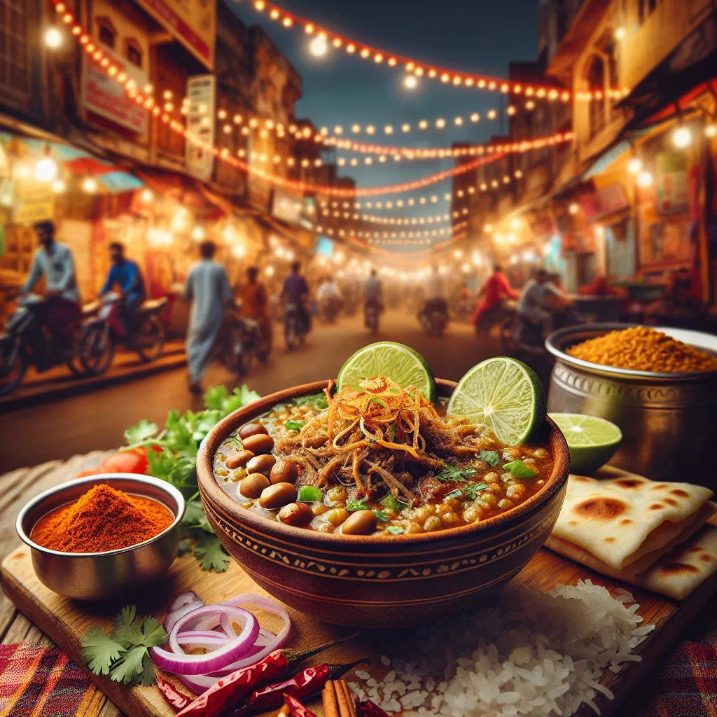 Bowl of Hyderabadi haleem topped with fried onions and fresh coriander