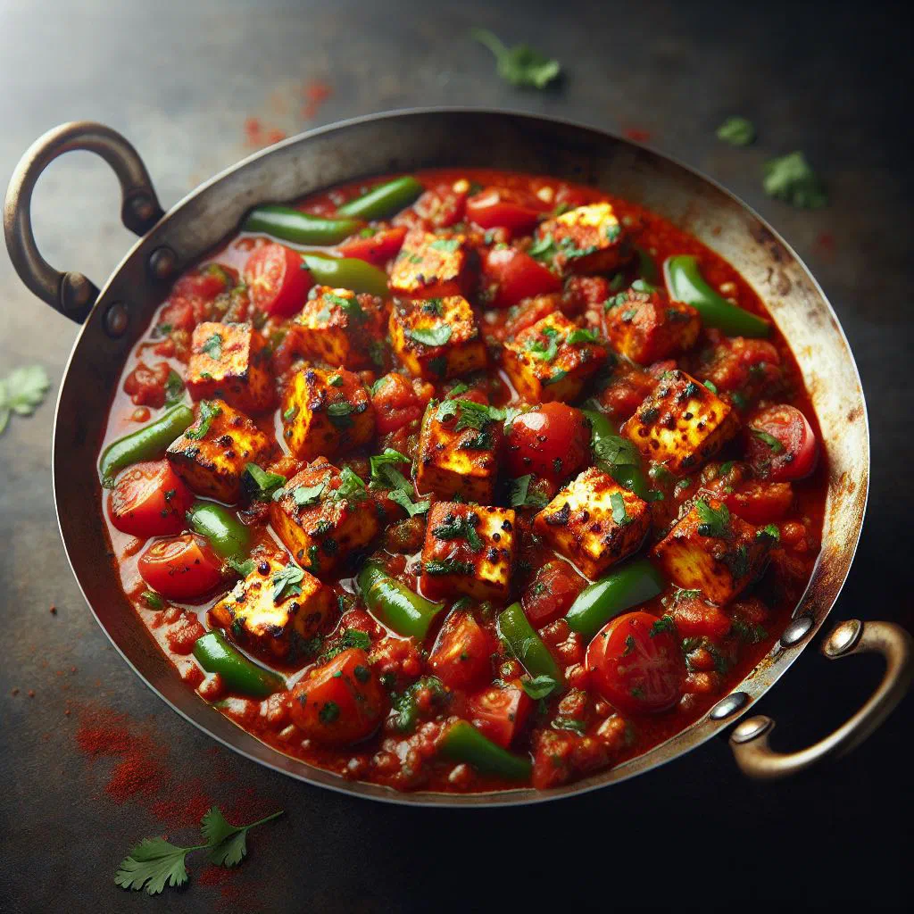 Kadai paneer with peppers, onions and tomatoes garnished with coriander