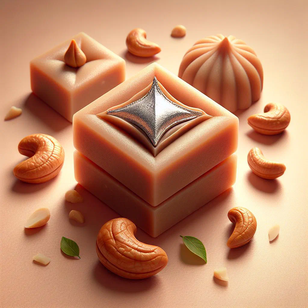 Diamond-shaped kaju katli cashew fudge on a plate