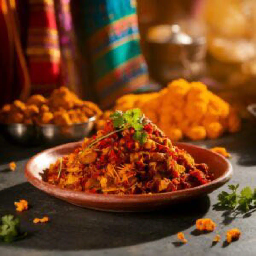 Kharzi, a spiced Indian dish of tender meat and vegetables garnished with fresh coriander