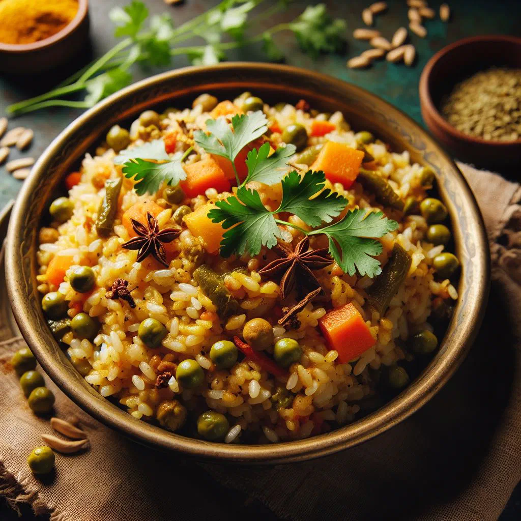 A bowl of golden khichdi garnished with fresh coriander