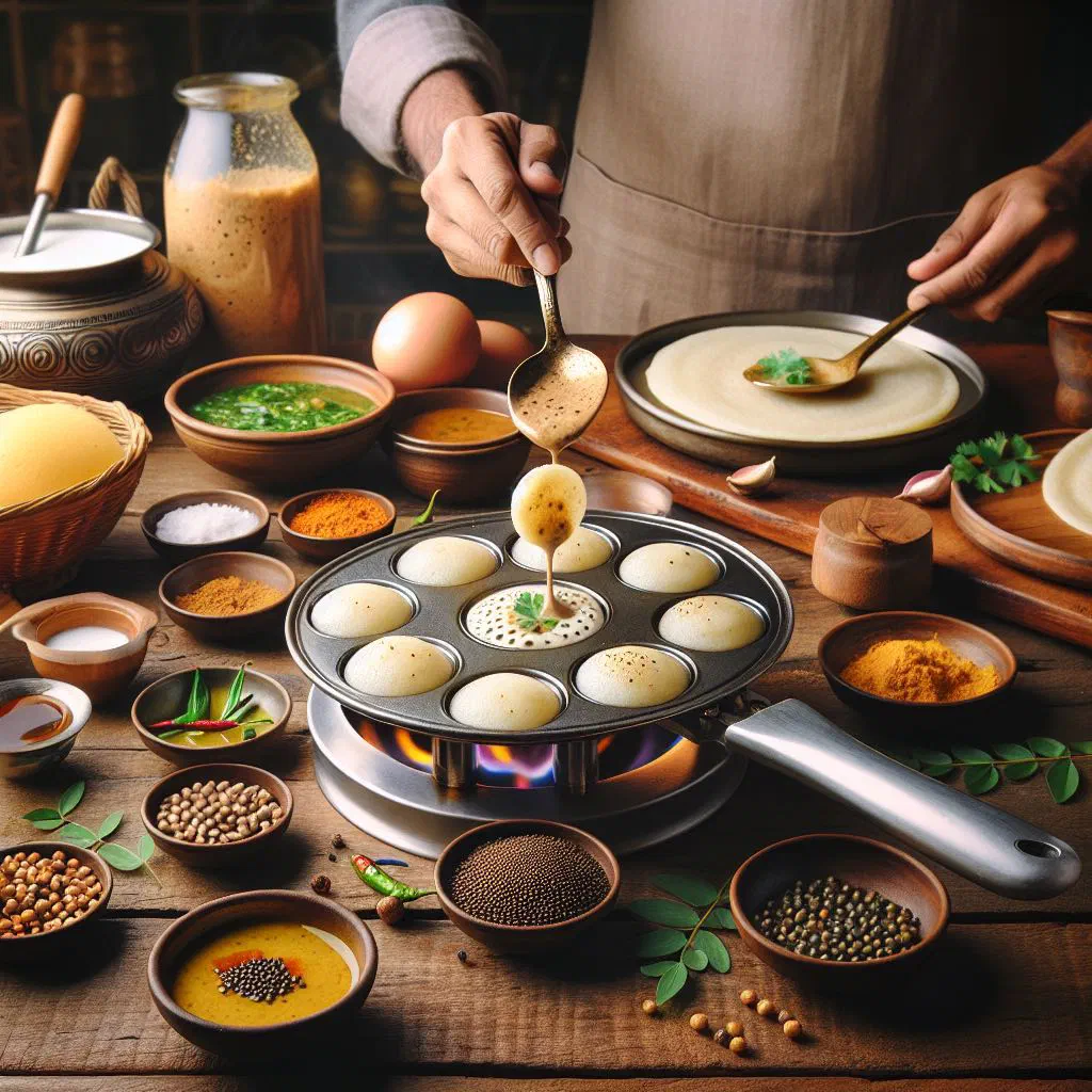 Golden Kuzhi Paniyaram dumplings served with chutney