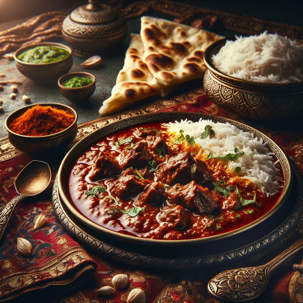 Fiery red Lal Maas lamb curry garnished with fresh coriander