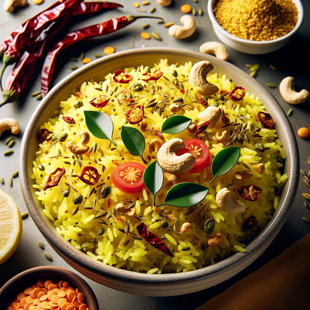 Bright yellow lemon rice garnished with peanuts and fresh coriander