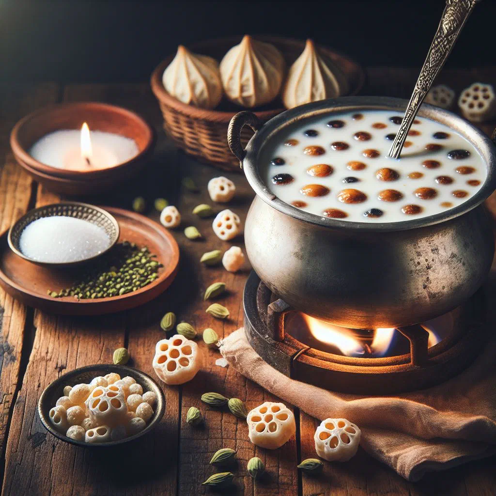 Bowl of creamy makhana kheer garnished with cashews and almonds