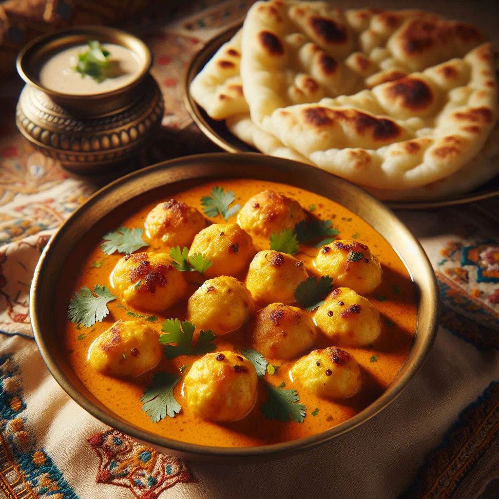 Malai kofta dumplings in a creamy tomato and cashew sauce garnished with coriander