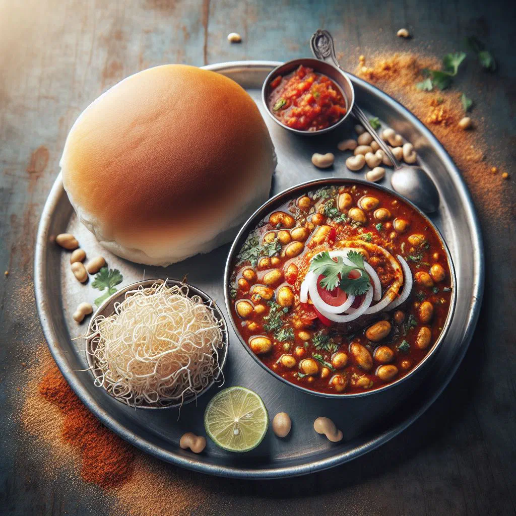 Misal pav with spicy lentil curry and soft bread rolls