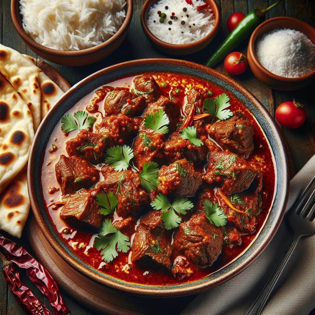 Mutton rogan josh in a deep red sauce, garnished with fresh coriander