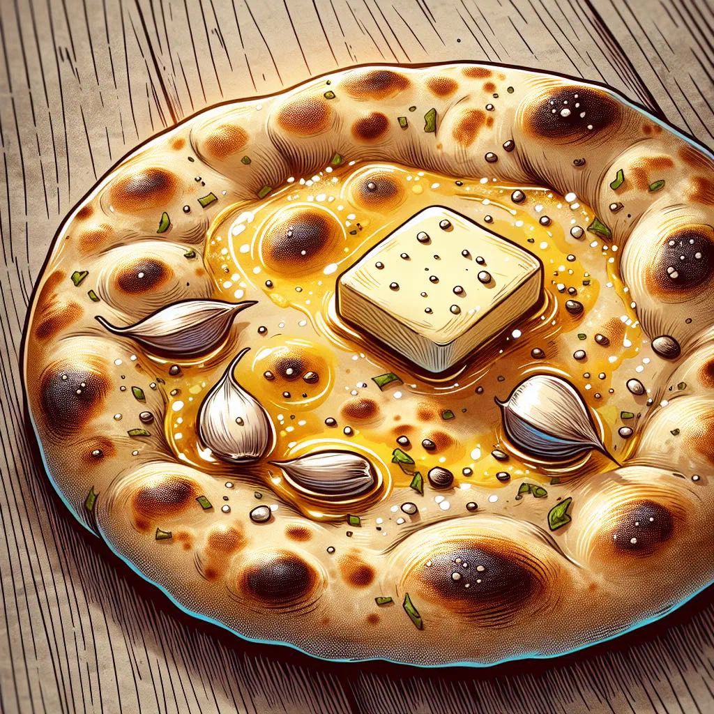 Freshly baked naan flatbread brushed with butter