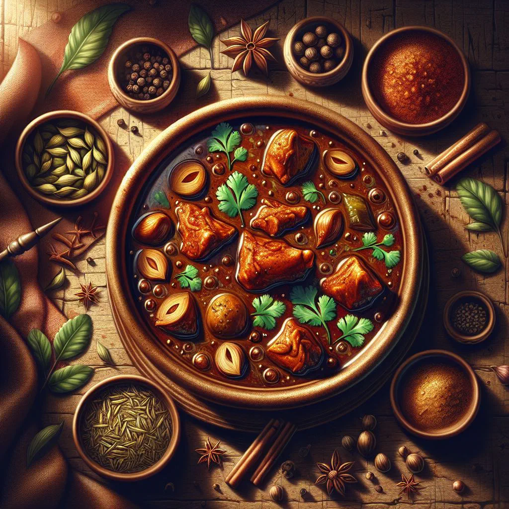 Nadan kozhi curry with tender chicken in a coconut sauce, garnished with fresh coriander