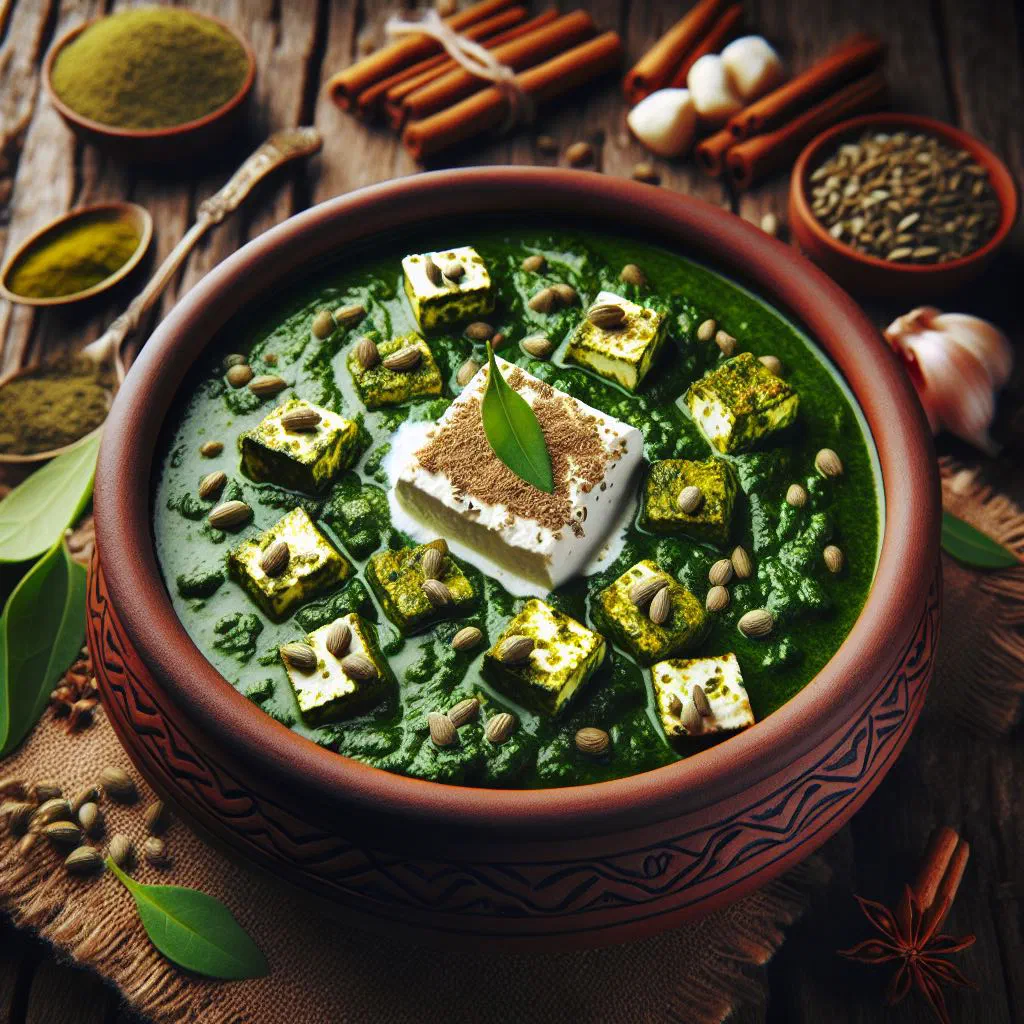 Creamy palak paneer with cubes of paneer in a spinach curry