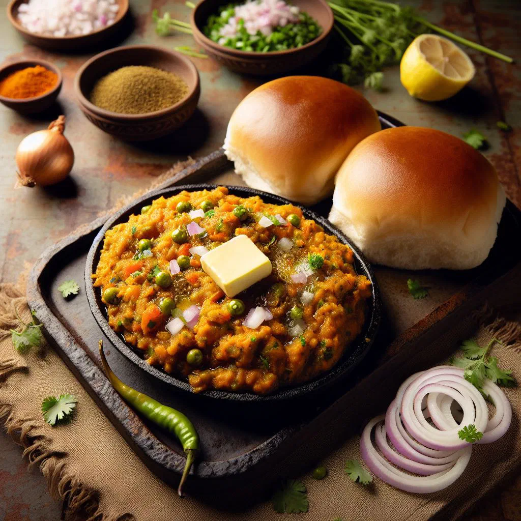 Pav bhaji with buttered pav rolls and chopped onions