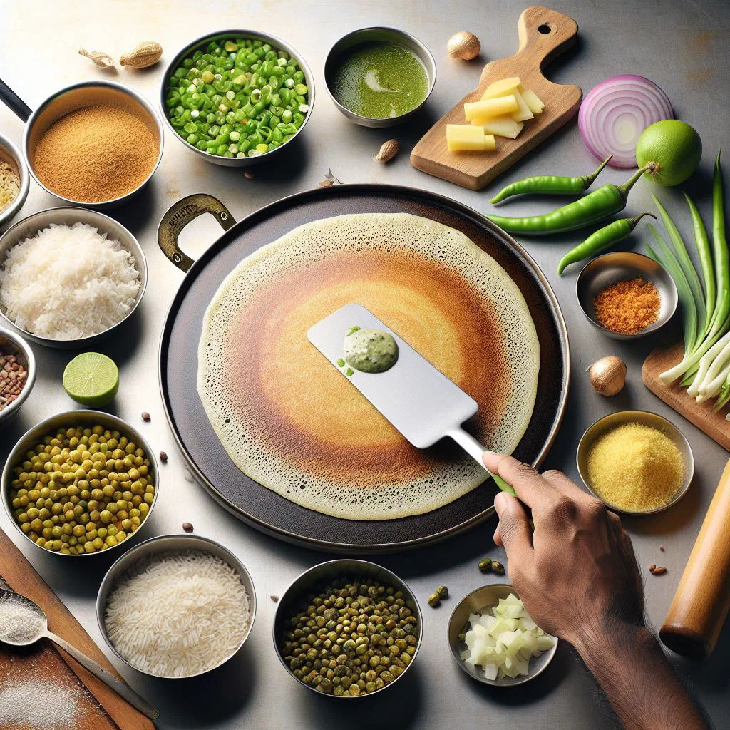 Crispy green mung bean pesarattu dosa served with chutney