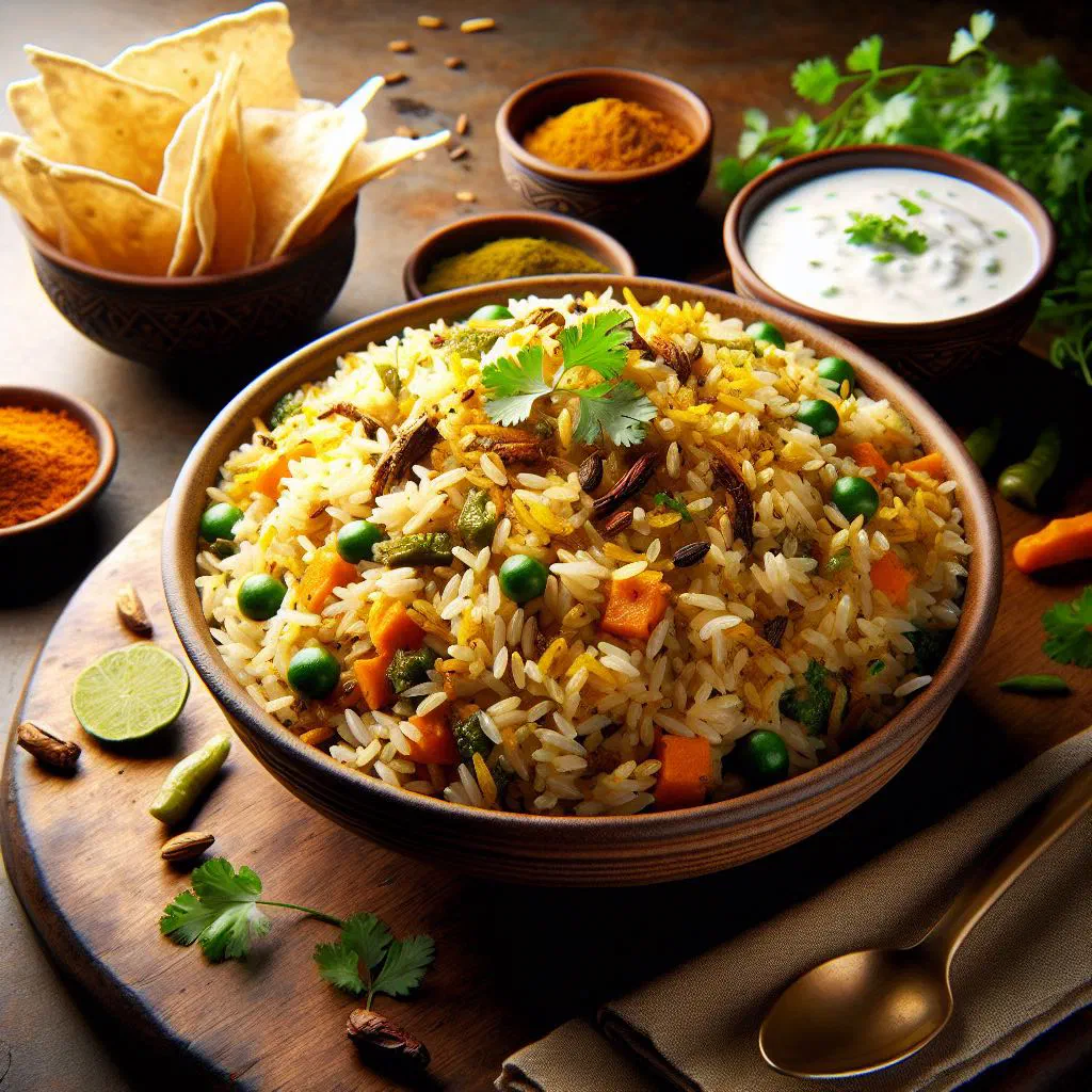 Fragrant pulao rice with carrots, peas and whole spices garnished with coriander