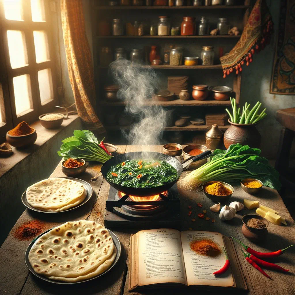 Bowl of Sarson da Saag topped with butter, served with makki di roti