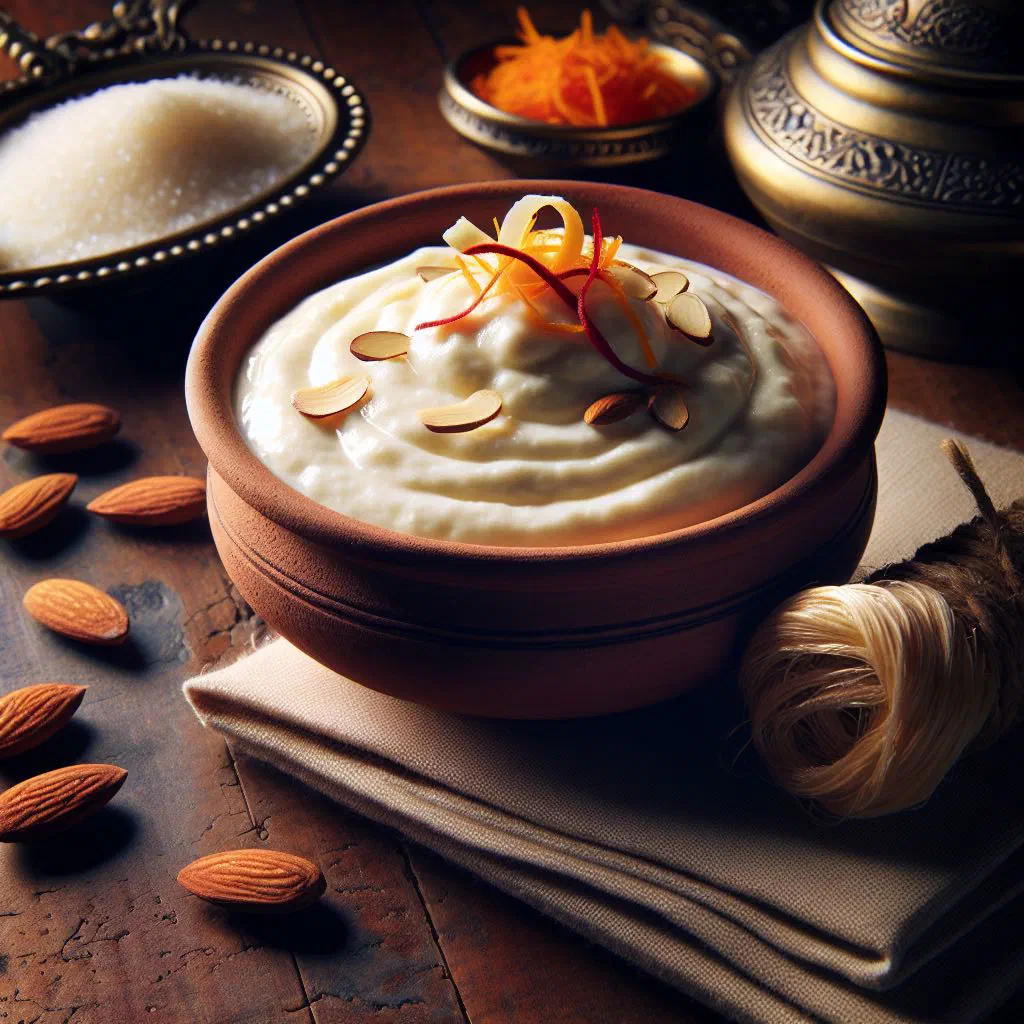 Creamy saffron shrikhand topped with chopped nuts in a serving bowl