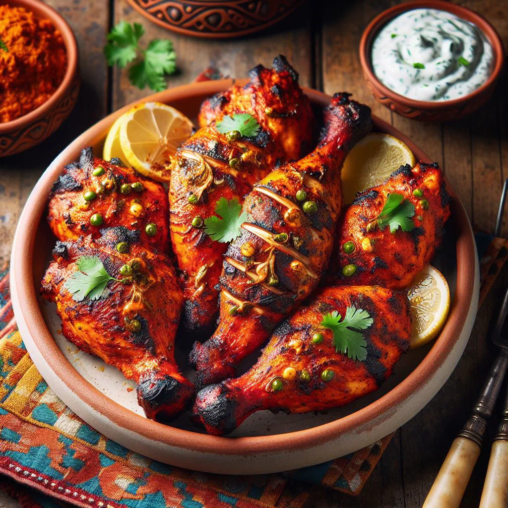 Grilled tandoori chicken pieces garnished with fresh coriander and lemon