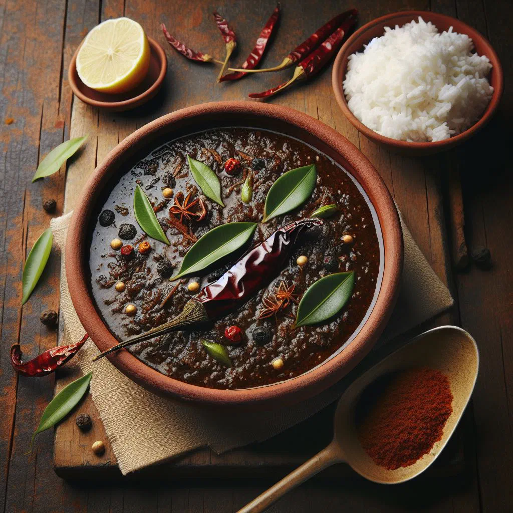 Theeyal, a dark South Indian curry of roasted coconut and vegetables garnished with coriander