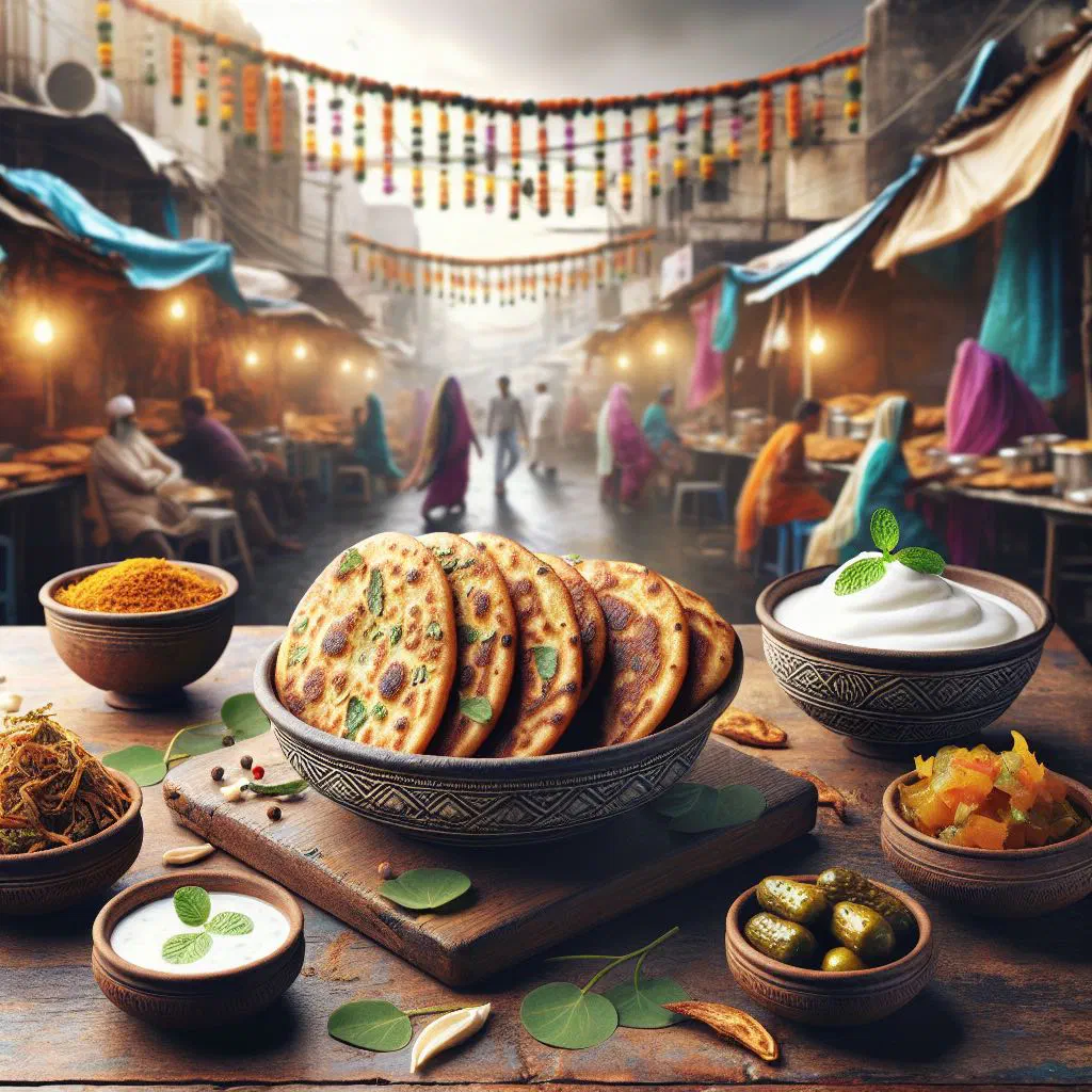 Stack of golden-brown thepla flatbreads served with yoghurt and pickle