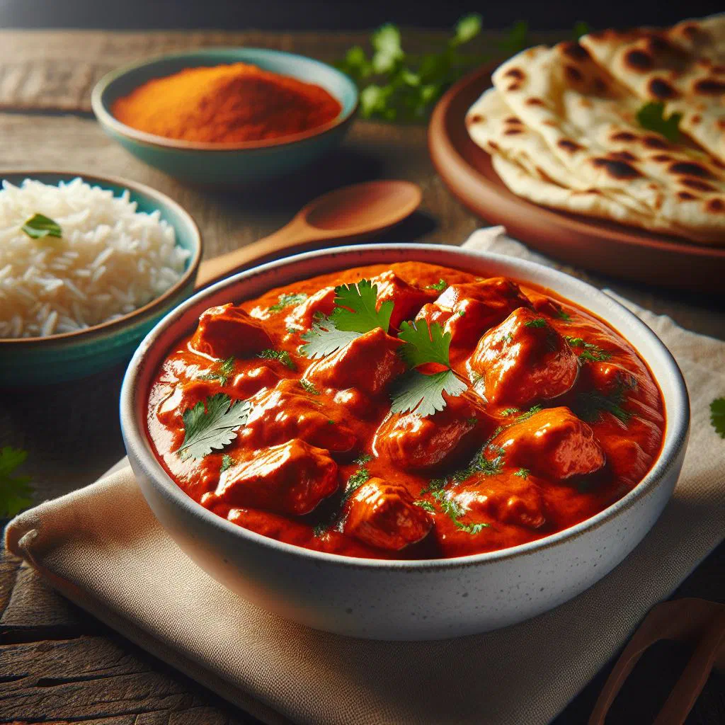 Chicken tikka masala in a creamy tomato sauce garnished with coriander