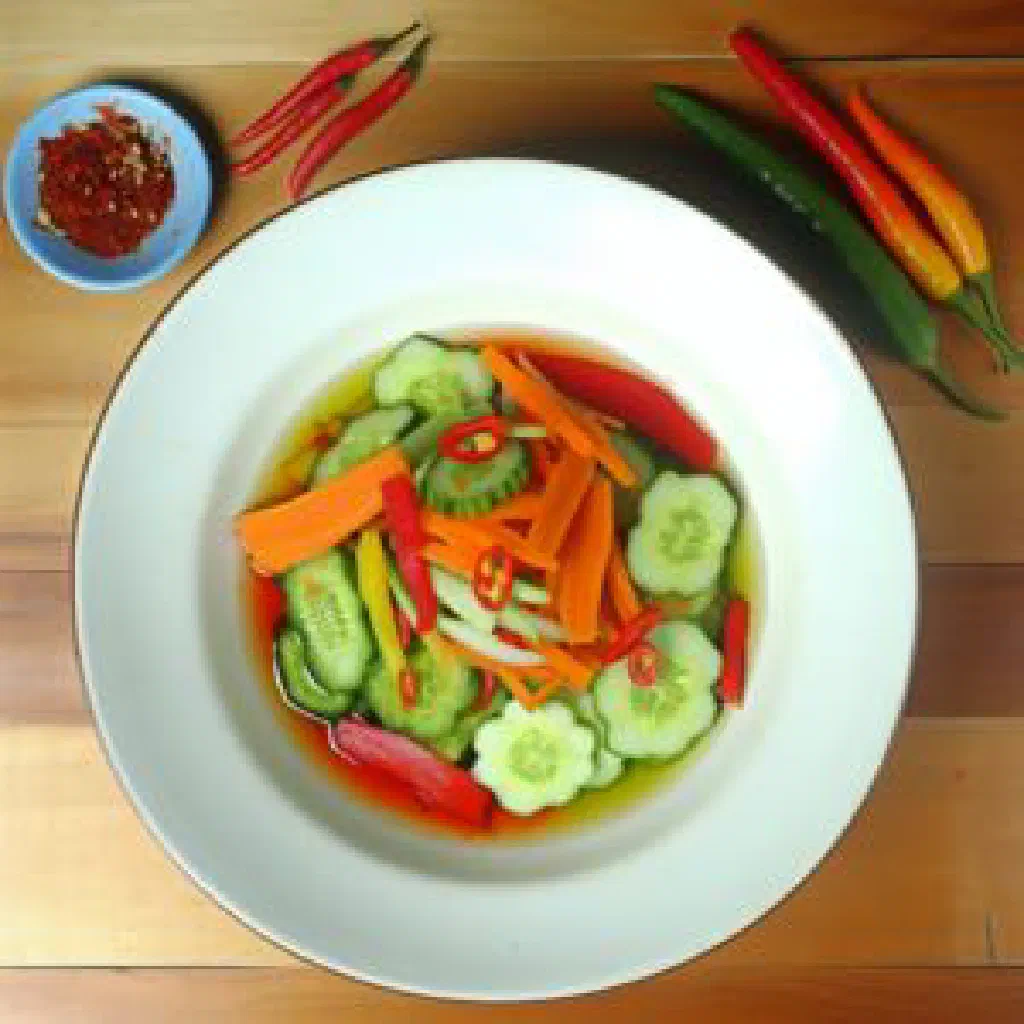 A bowl of Indonesian acar with pickled cucumber, carrot and onion