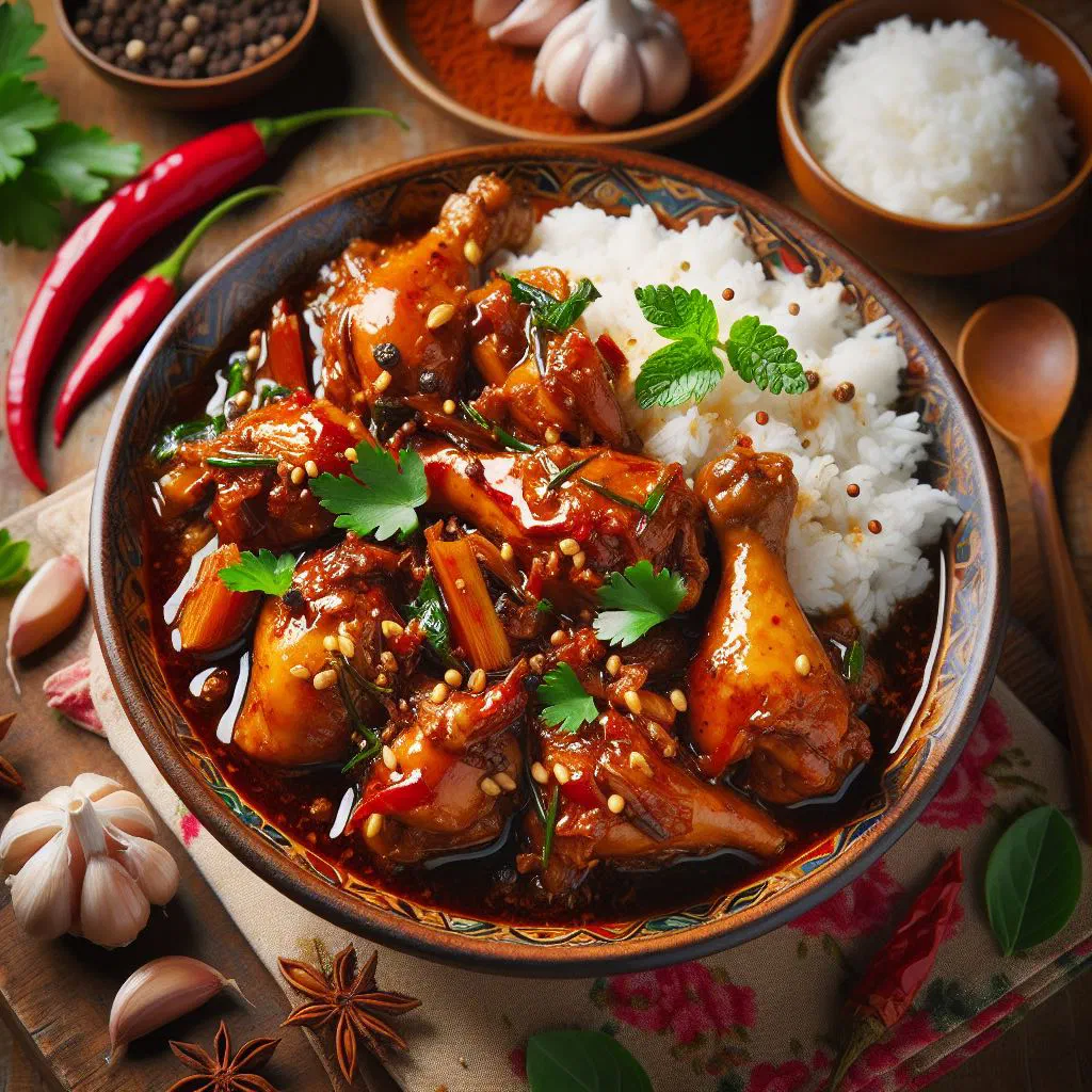 Braised chicken in sweet soy sauce garnished with fresh herbs
