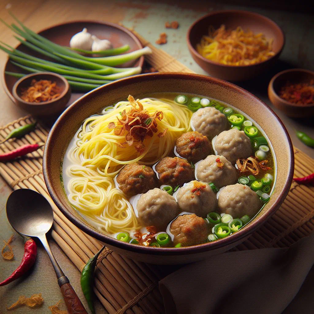Bowl of bakso beef meatballs in clear broth with noodles and spring onions
