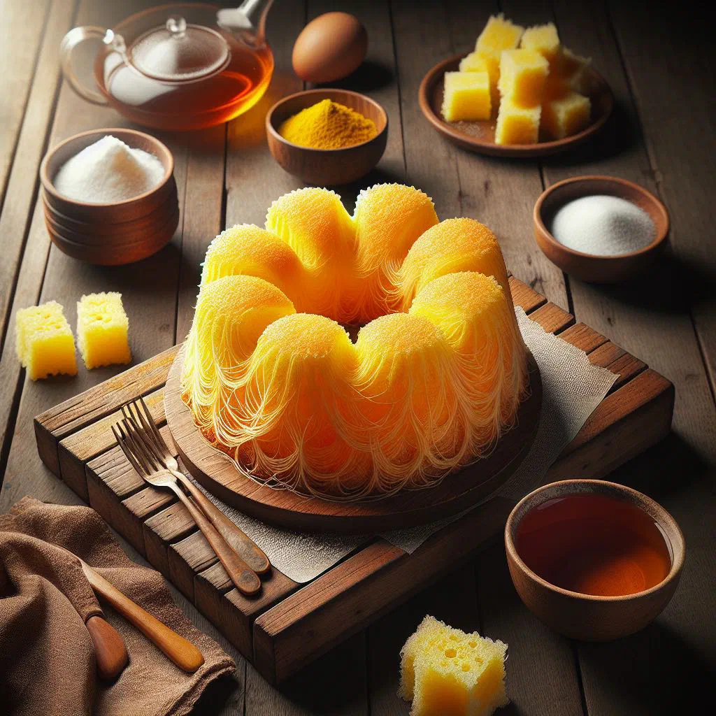 Golden Bika Ambon cake showing its honeycomb texture, sliced on a plate