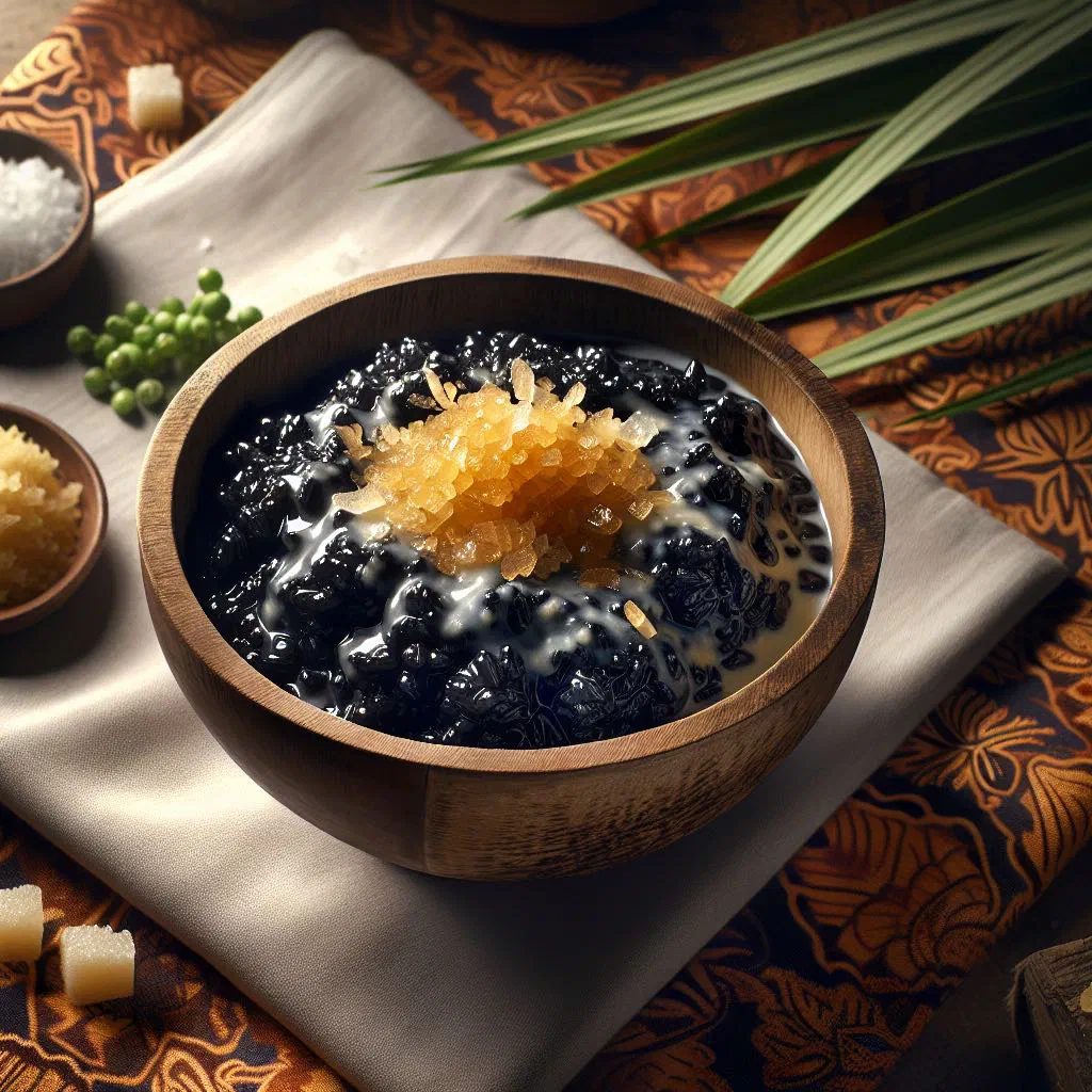 Bowl of black sticky rice pudding topped with creamy coconut milk