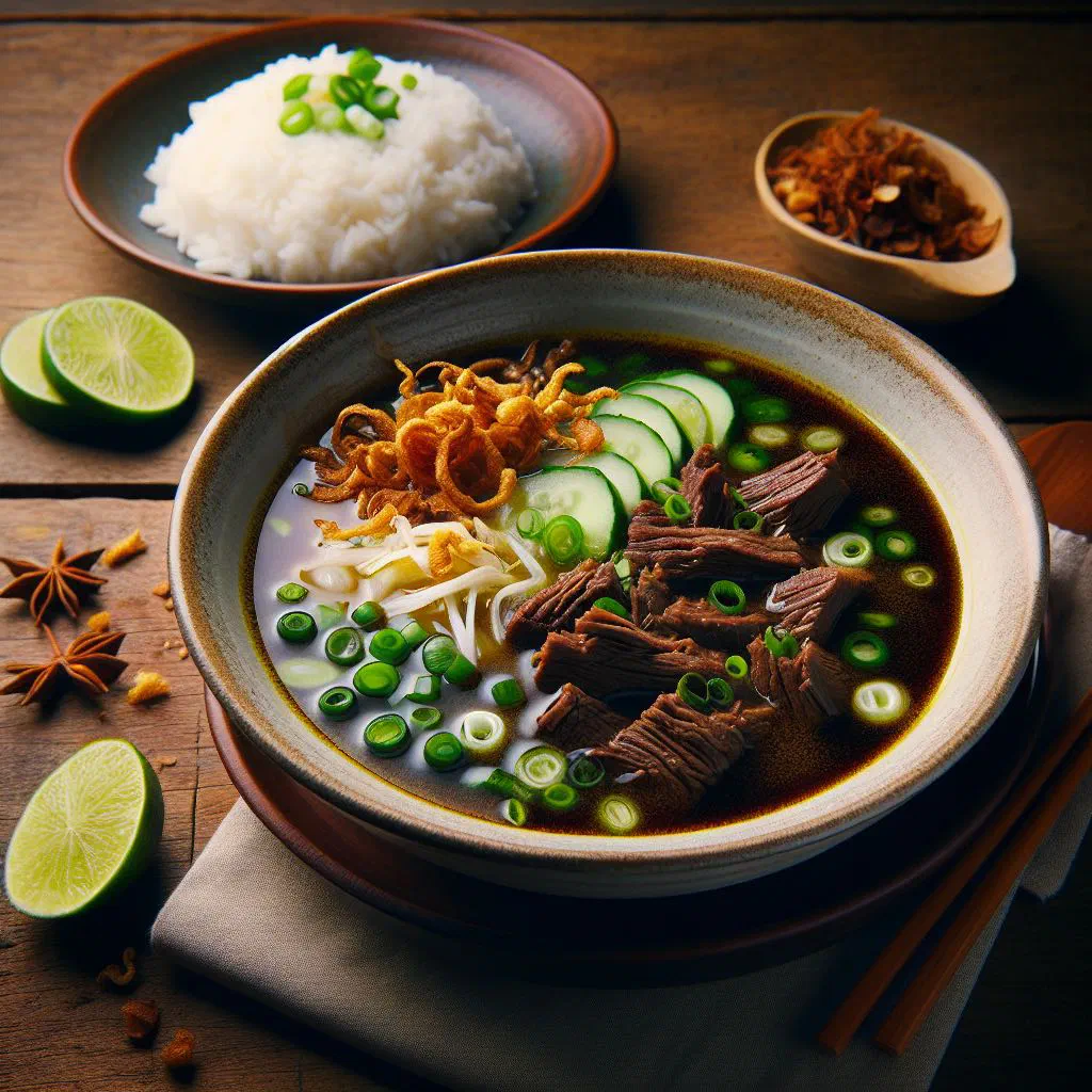 A bowl of Coto Makassar beef soup garnished with fresh coriander