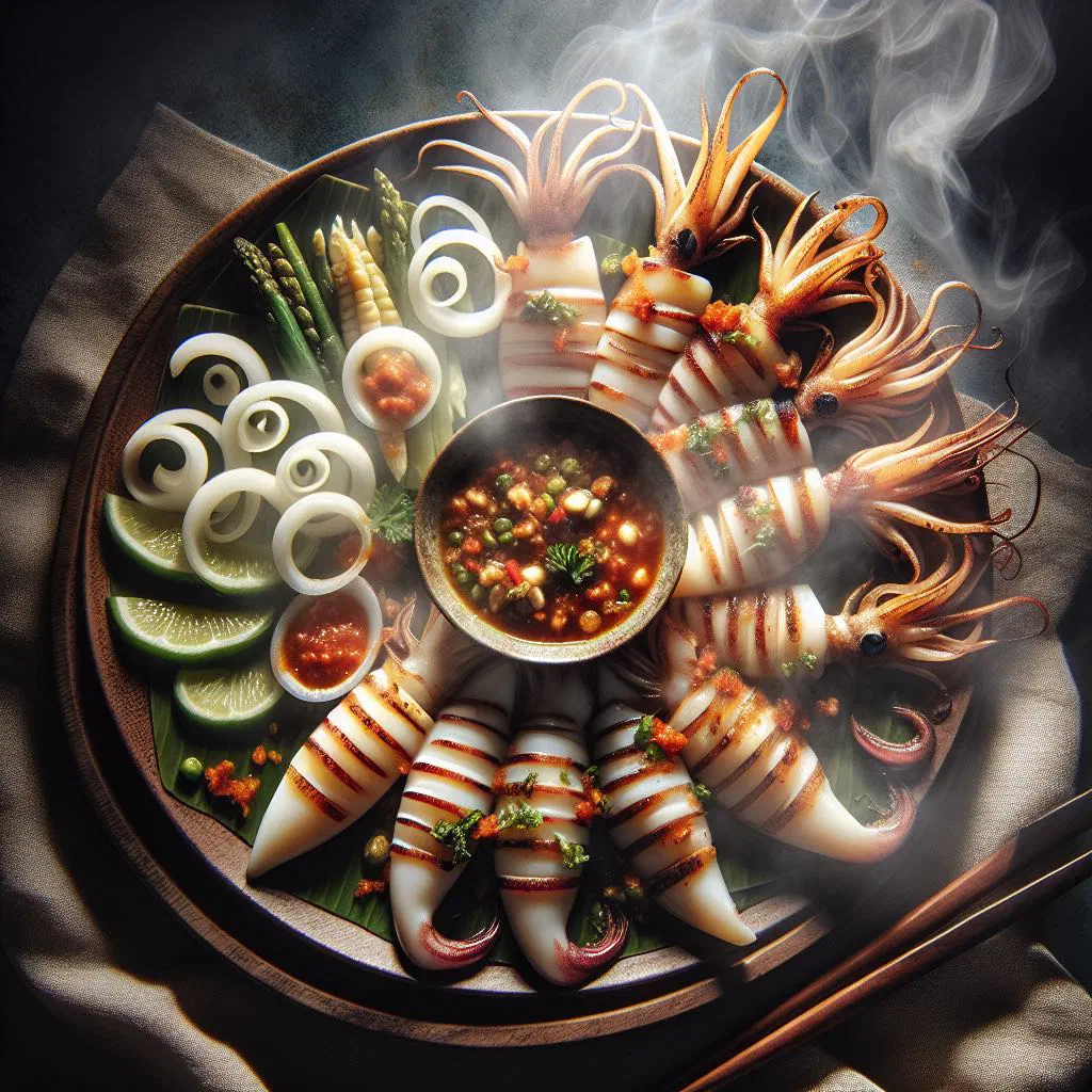 Grilled squid rings with lime and fresh coriander on a plate
