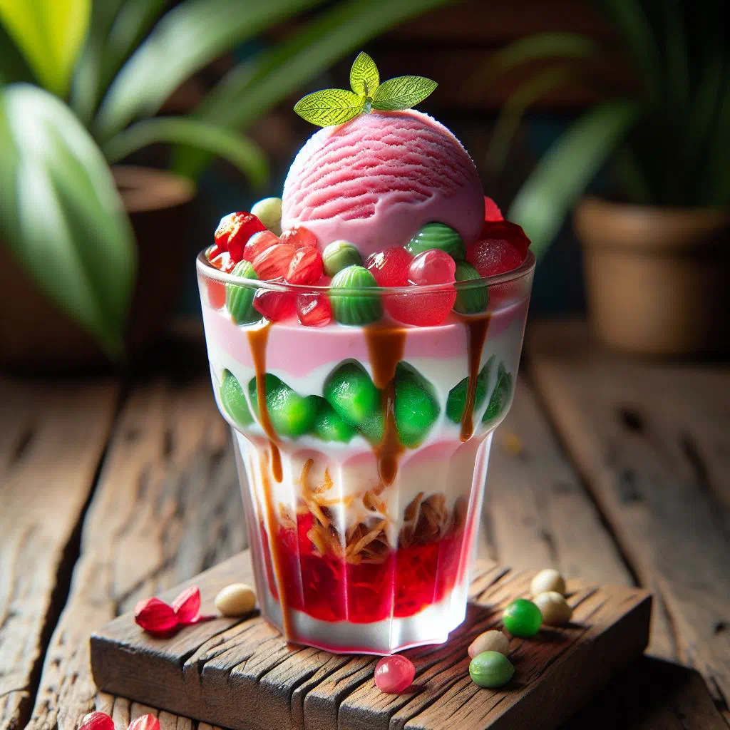 Es Doger served in a tall glass with coconut milk, tropical fruit and crushed ice