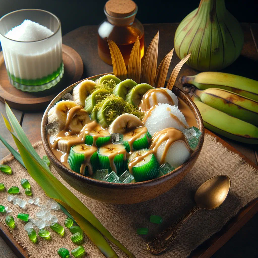 Green pandan-wrapped bananas served with coconut sauce and crushed ice