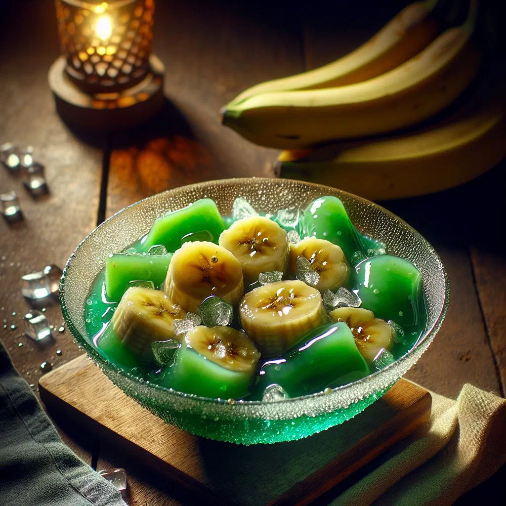 Es pisang ijo with green-wrapped bananas in sweet coconut sauce