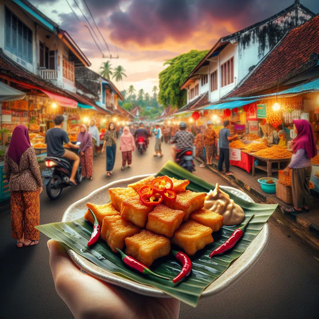 Golden, crispy fried tempeh slices on a plate with chilli