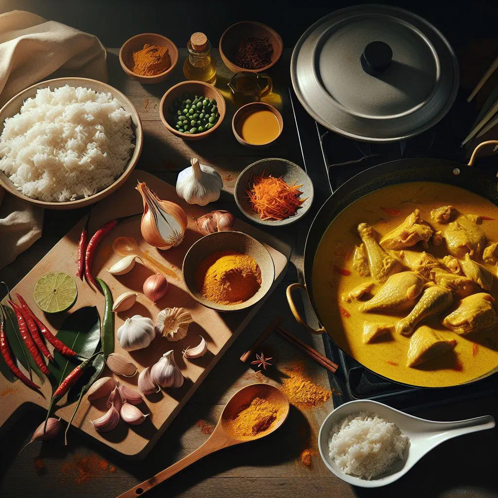Gulai ayam chicken curry in a golden coconut sauce garnished with coriander